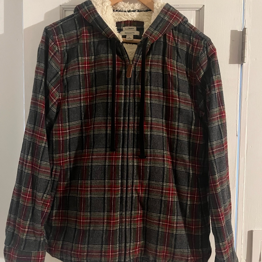 L.L.Bean Plaid Hooded Flannel Jacket with faux fur lining sz L